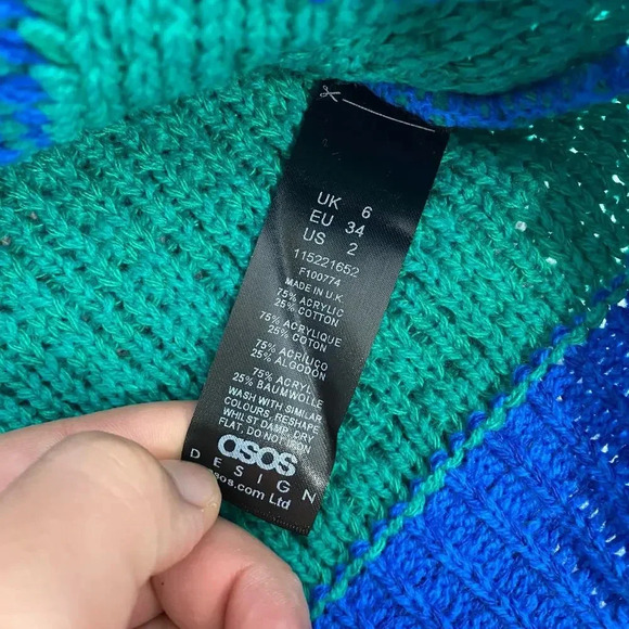 ASOS Design Crewneck Patchwork Sweater Top, Blue/Green 115221652 - Picture 4 of 5